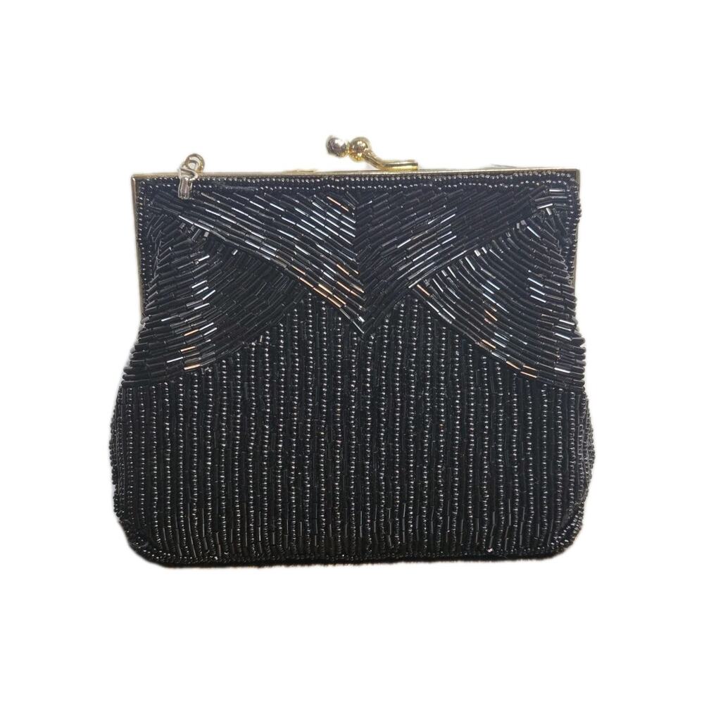Vintage Magid Black Beaded Kisslock Evening Purse Bag Clutch No Shoulder Chain